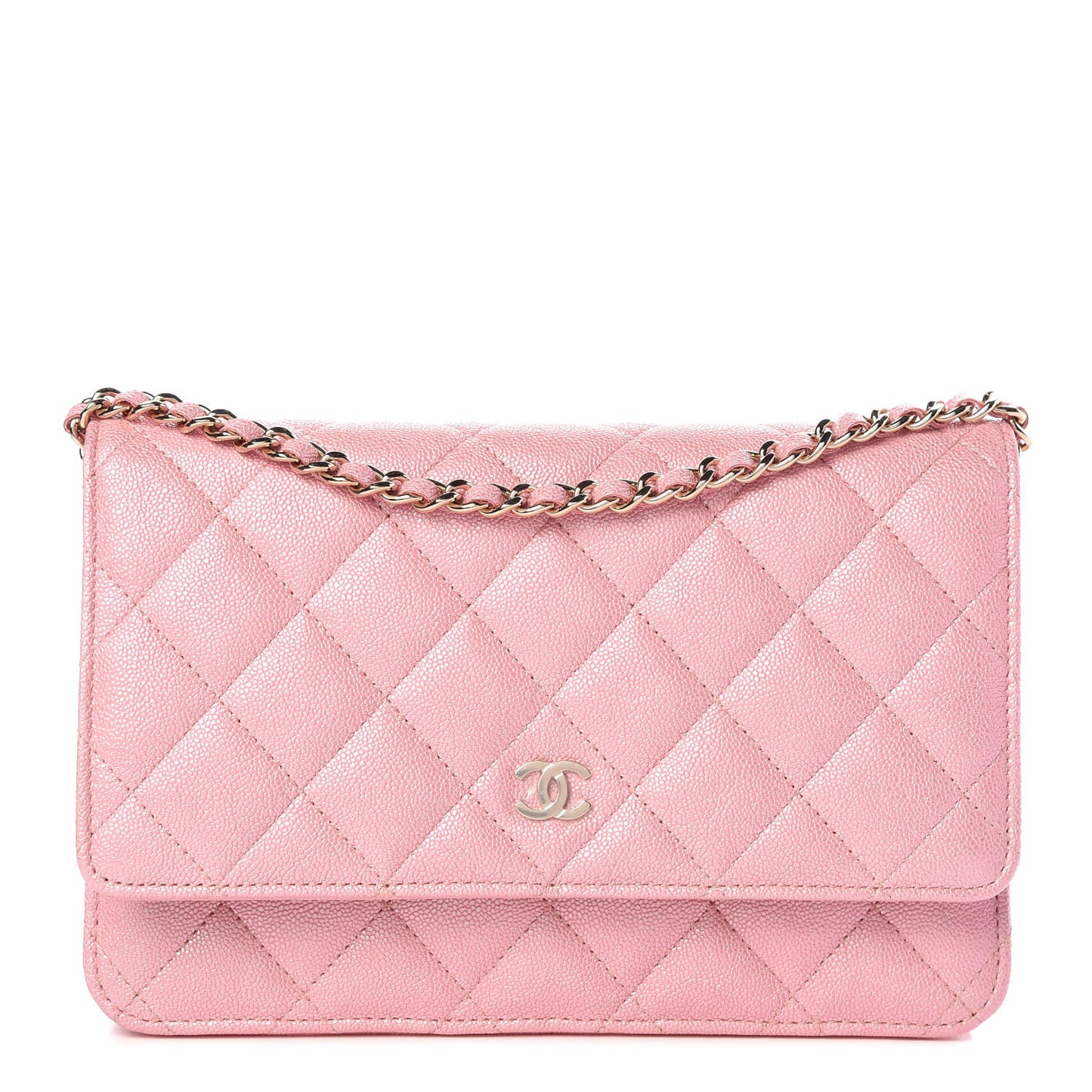 Iridescent Caviar Quilted Wallet on Chain WOC Rose Pink