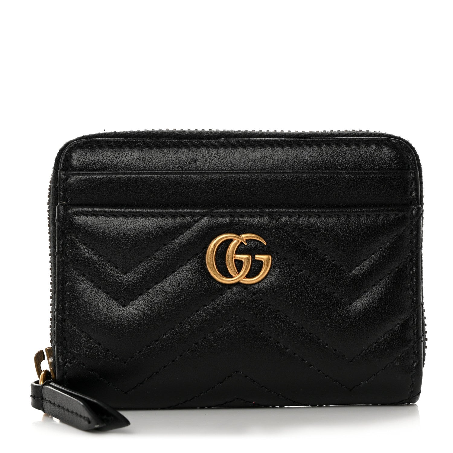 Gucci Calfskin Matelasse GG Marmont Zip Around Card Case Black 1 of 8