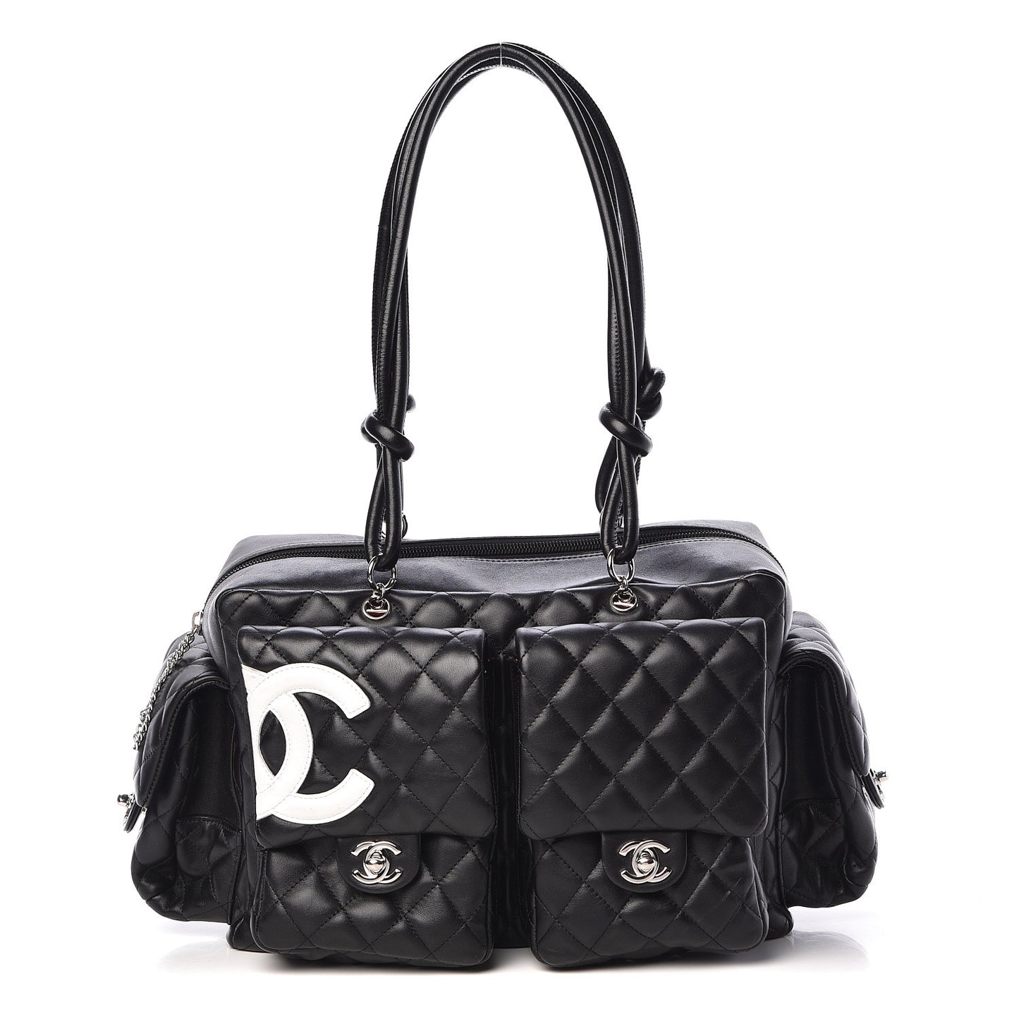 Calfskin Quilted Large Cambon Multipocket Reporter Black White