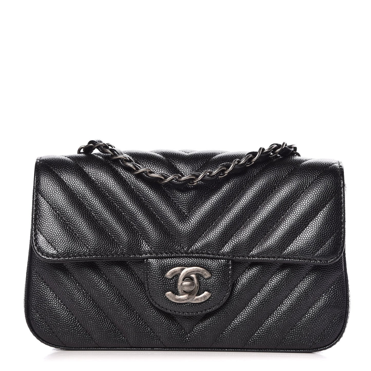 Metallic Caviar Chevron Quilted Mini Rectangular Flap Black