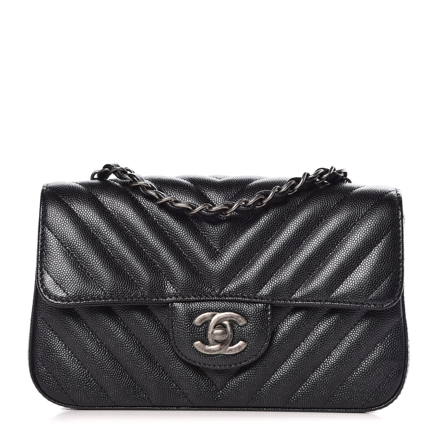Chanel Metallic Caviar Chevron Quilted Mini Rectangular Flap Black 1 of 9
