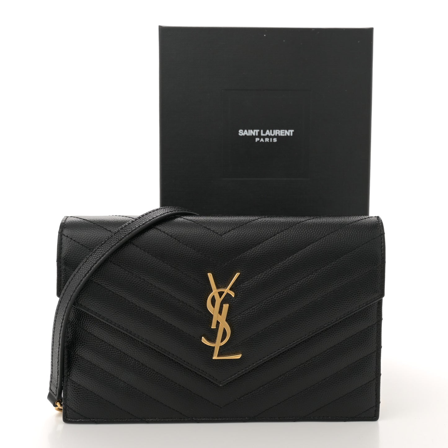 Grain De Poudre Matelasse Chevron Monogram Envelope Chain Wallet Black
