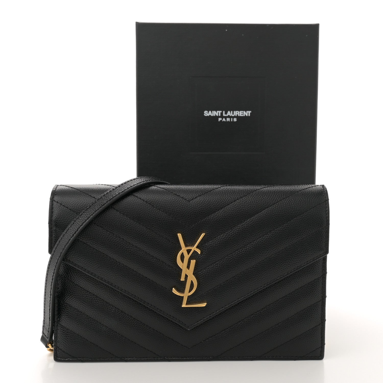 Saint Laurent Grain De Poudre Matelasse Chevron Monogram Envelope Chain Wallet Black 11 of 11