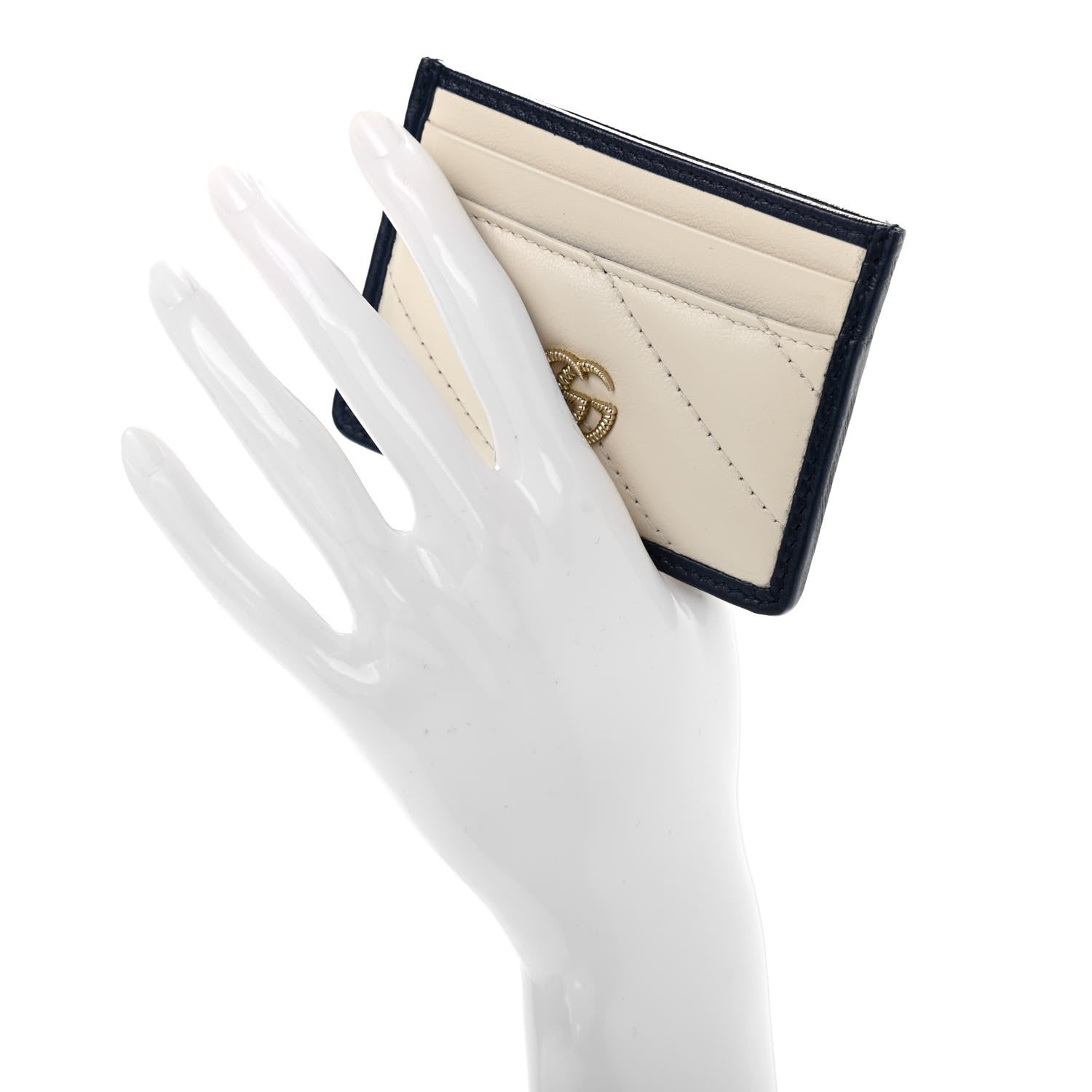 Gucci Vintage Effect Calfskin Matelasse Diagonal Torchon GG Marmont Card Holder White Blue Agata 2 of 6