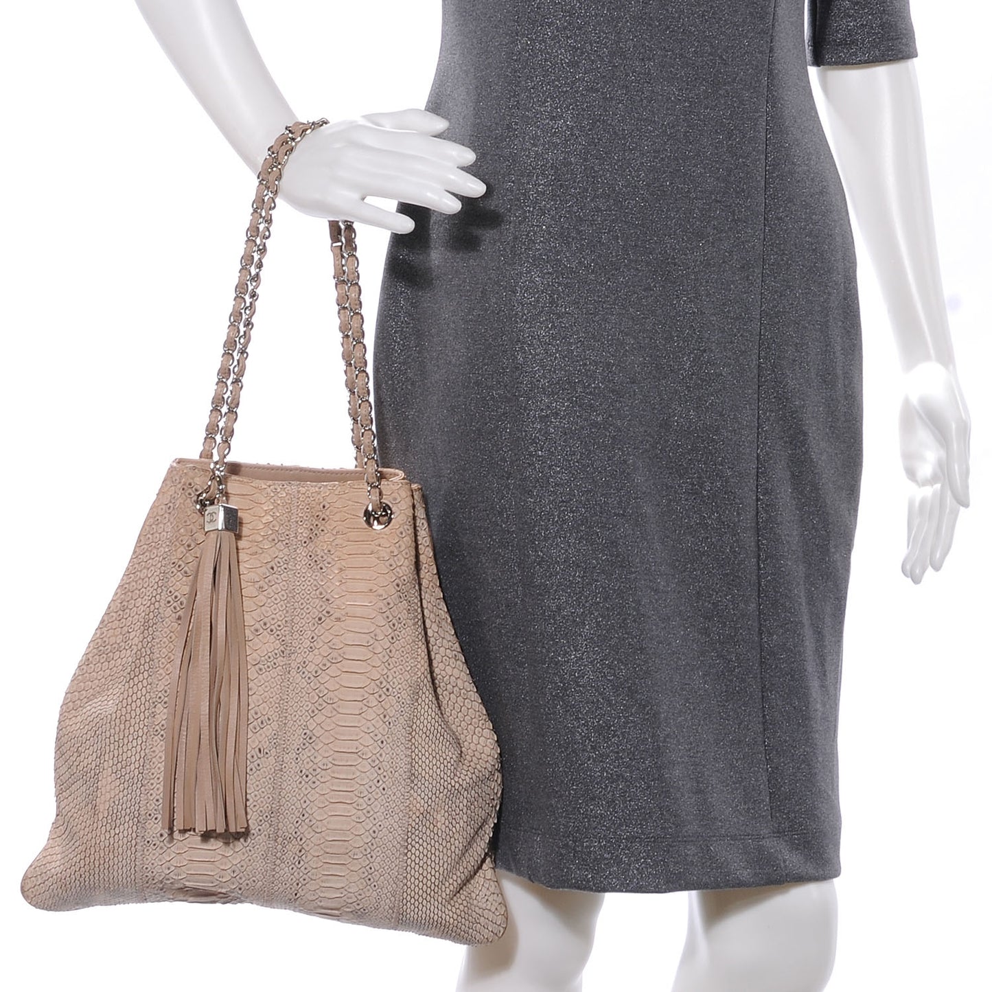 Python Tassel Drawstring Tote Beige