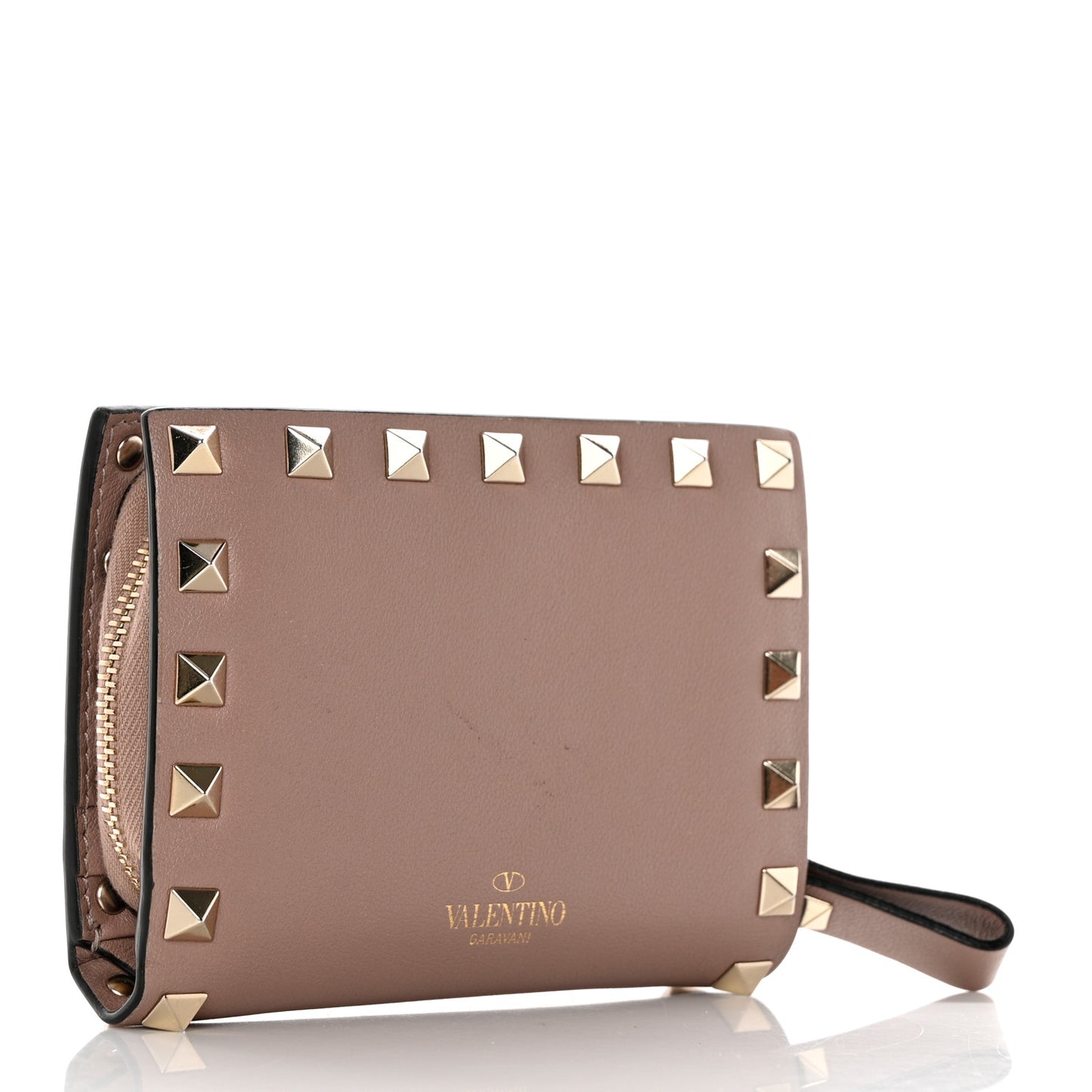Calfskin Rockstud Compact Bi-Fold Wallet Poudre