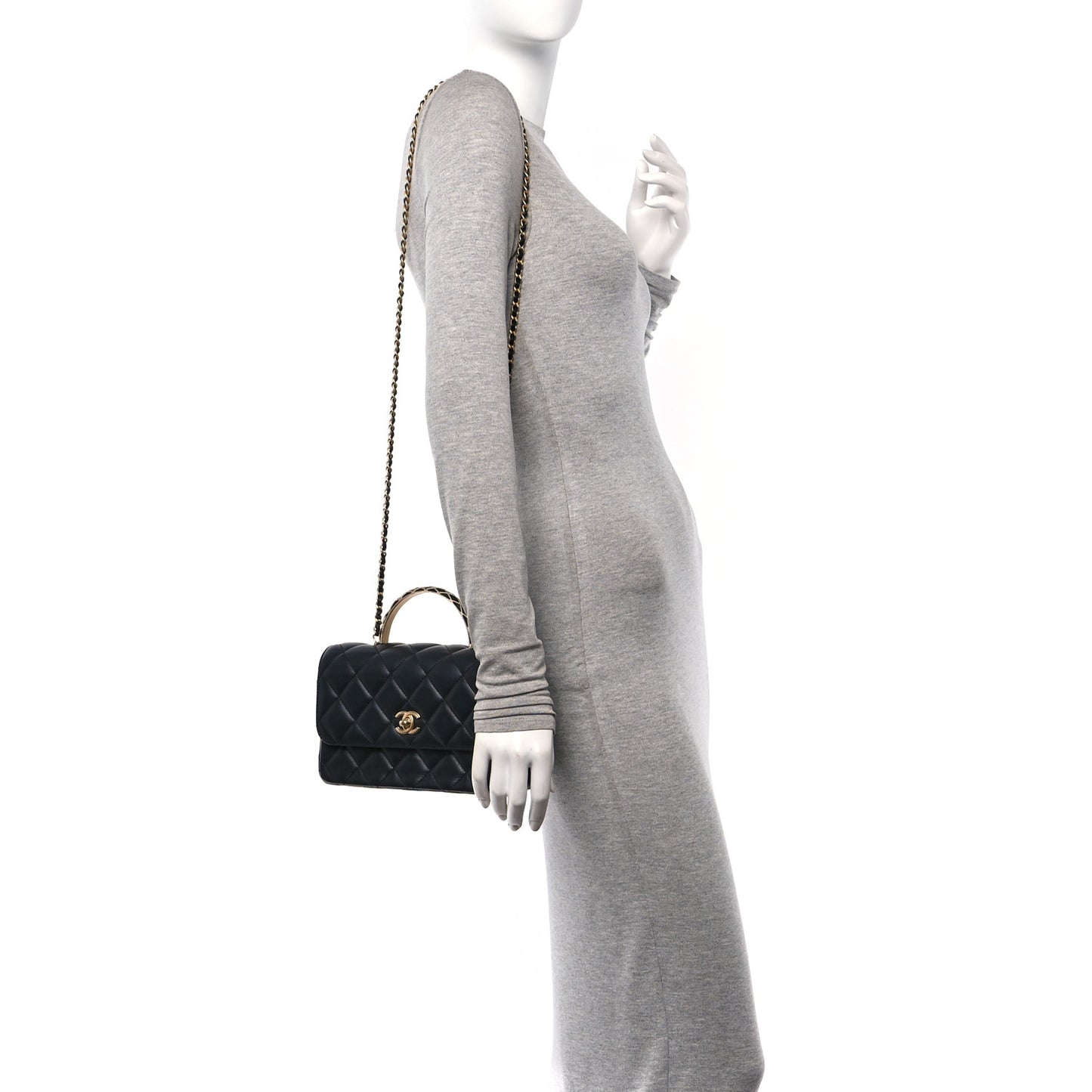 Lambskin Metal Quilted Twist Top Handle Flap With Chain Black