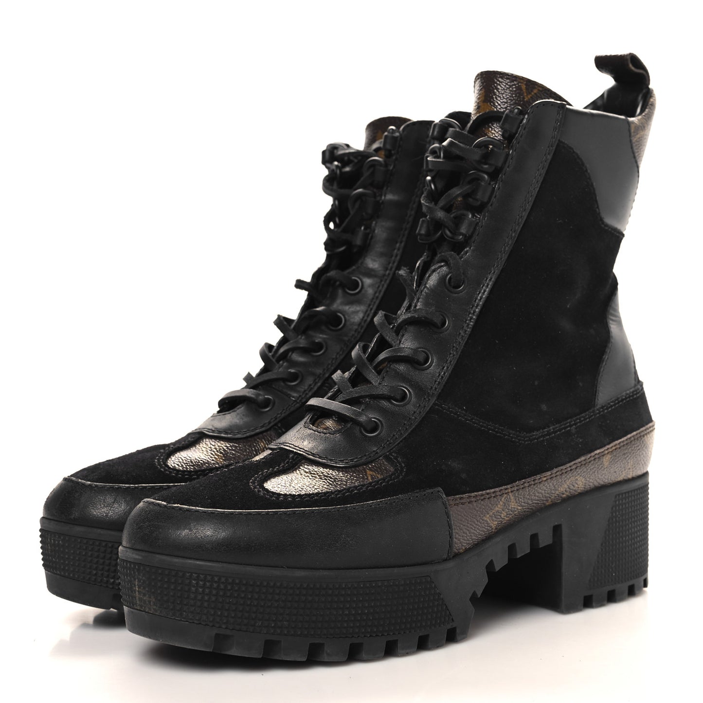 Suede Calfskin Monogram Laureate Platform Desert Boots 38.5 Black