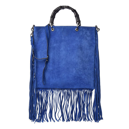 Gucci Suede Bamboo Fringe Small Shopper Tote Blue 1 of 10