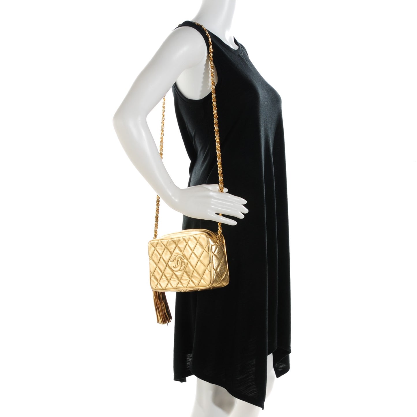 Metallic Lambskin Quilted Small Tassel Camera Case Gold