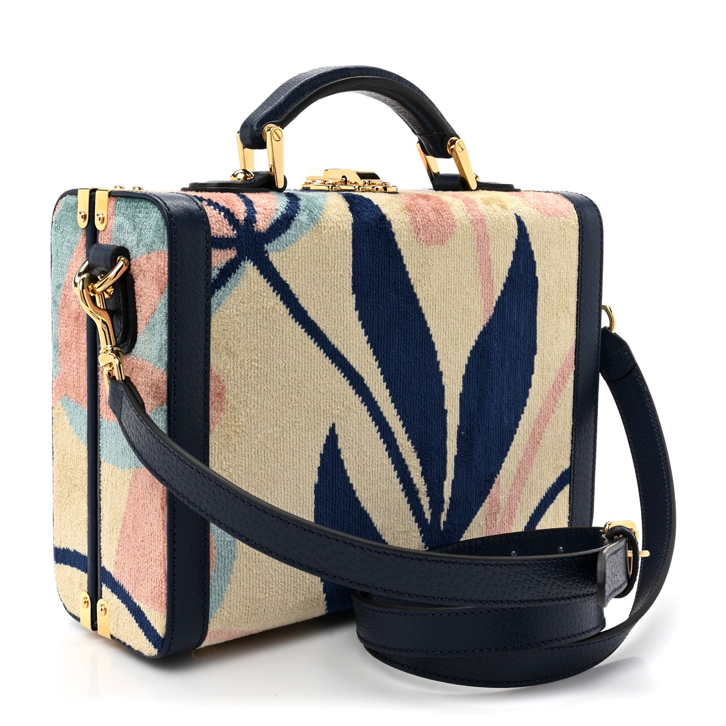 Chenille Textured Dollar Calfskin Print Savoy Top Handle Beauty Case Blue Multicolor