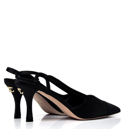 Chanel Satin Grosgrain Cap Toe CC Pointed Toe Slingback Pumps 37 Black 3 of 6