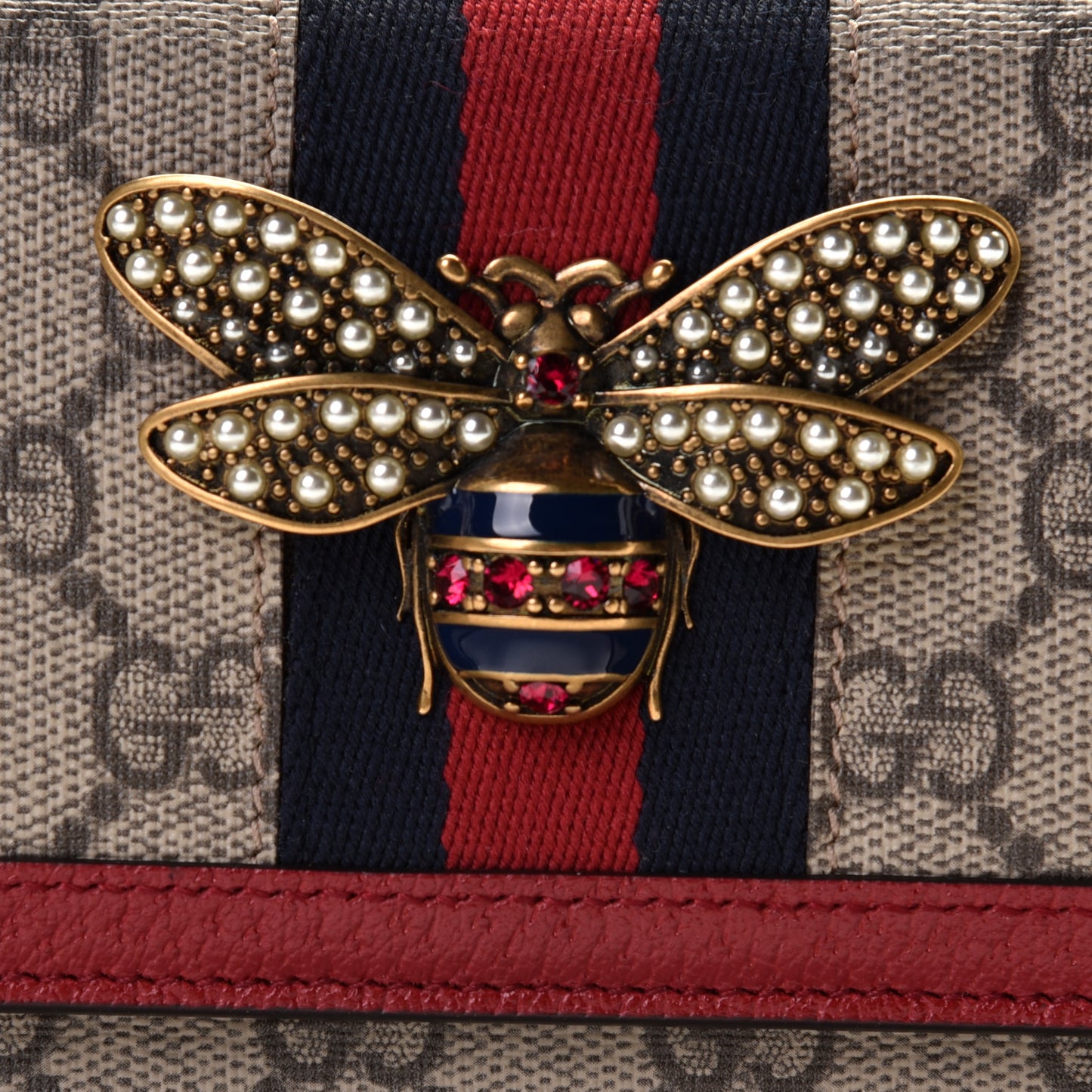 GG Supreme Monogram Web Queen Margaret Chain Wallet Red