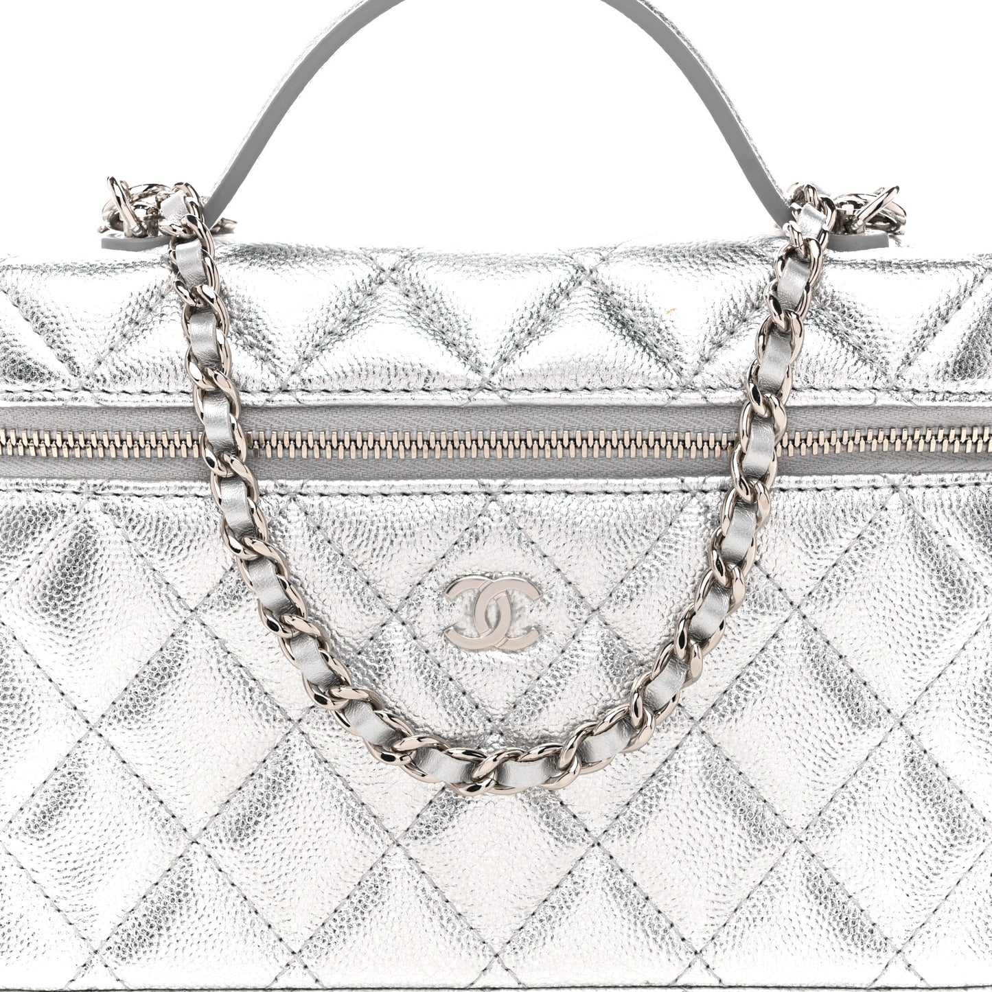 Metallic Caviar Quilted Top Handle Slim Vanity Case With Chain Silvery