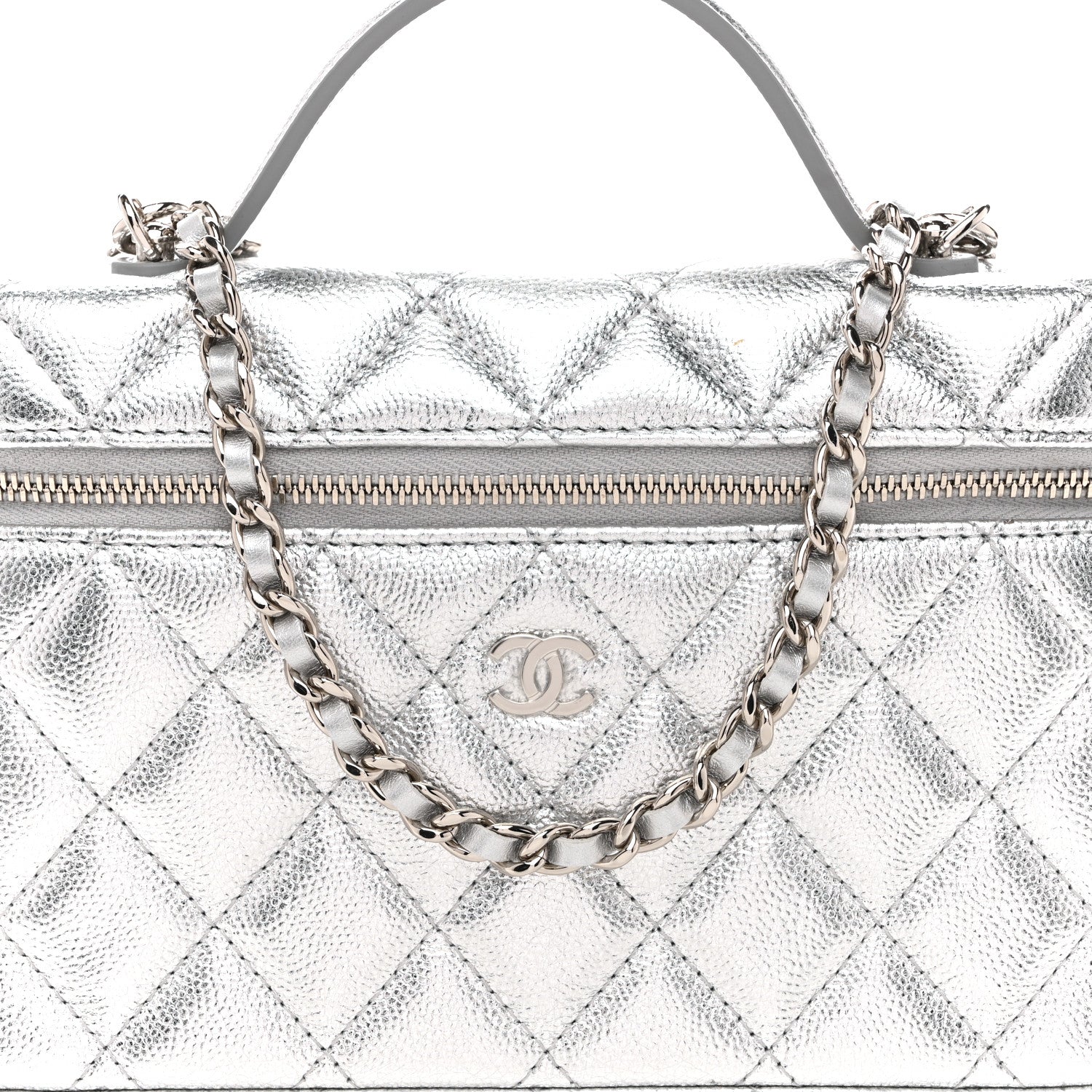 Chanel Metallic Caviar Quilted Top Handle Slim Vanity Case With Chain Silvery 8 of 11