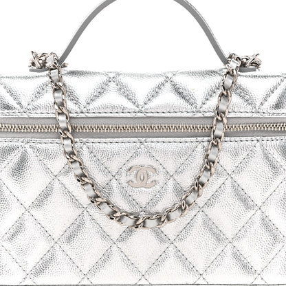 Chanel Metallic Caviar Quilted Top Handle Slim Vanity Case With Chain Silvery 8 of 11