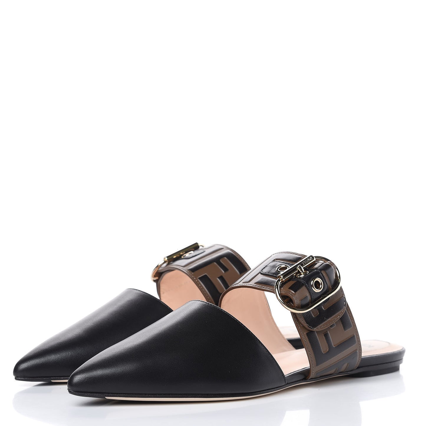Vitello FF Embossed Buckle Flat Mules 37 Maya Black