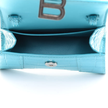 Balenciaga Shiny Calfskin Crocodile Embossed Hourglass Top Handle Bag Mini Turquoise 6 of 14