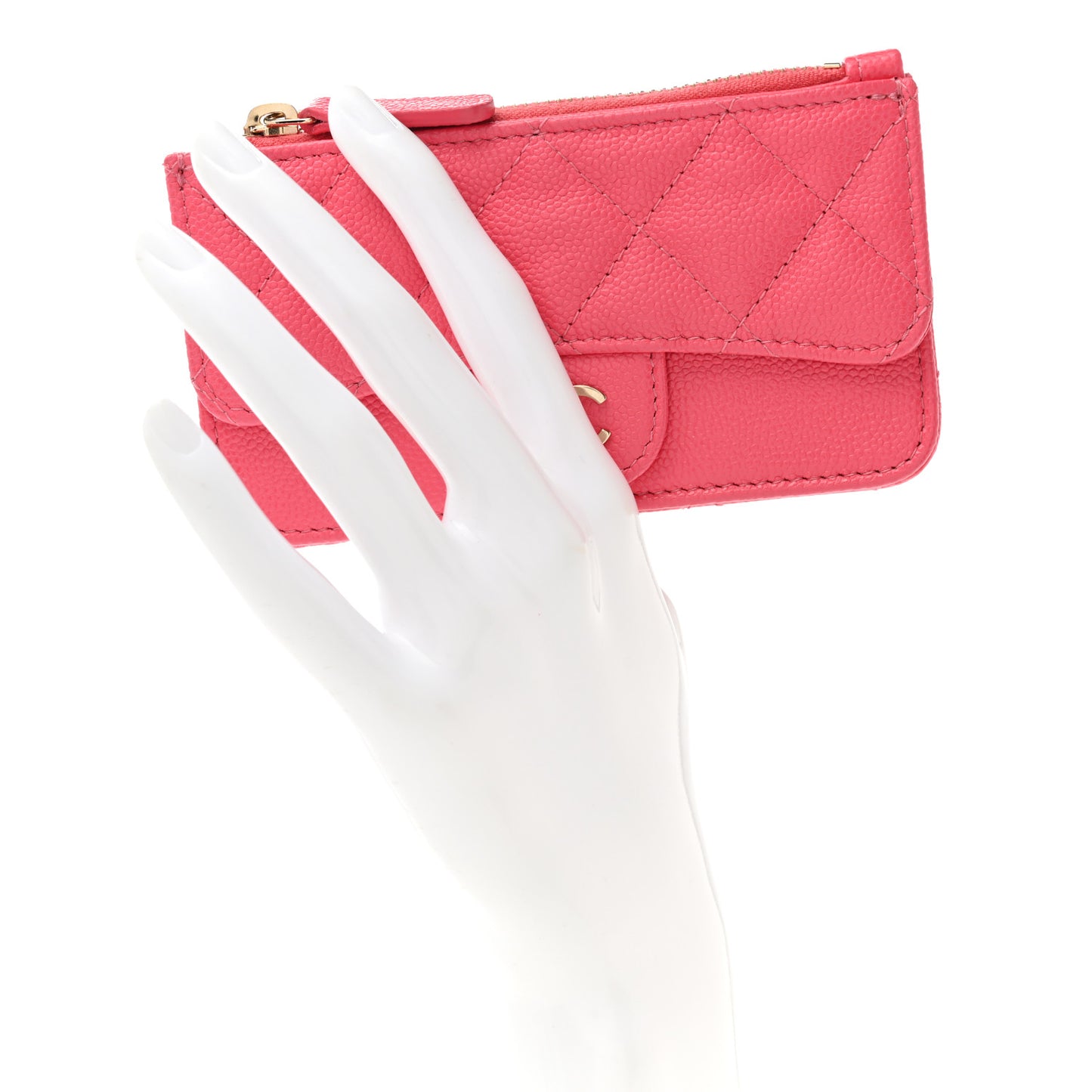 Caviar Quilted Flap Zip Card Holder Dark Pink