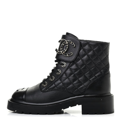 Chanel Shiny Goatskin Calfskin Quilted Lace Up Combat Boots 37 Black 1 of 7