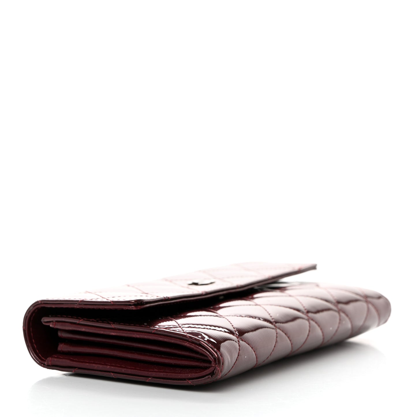 Striated Patent Quilted Large Gusset Flap Wallet Bordeaux