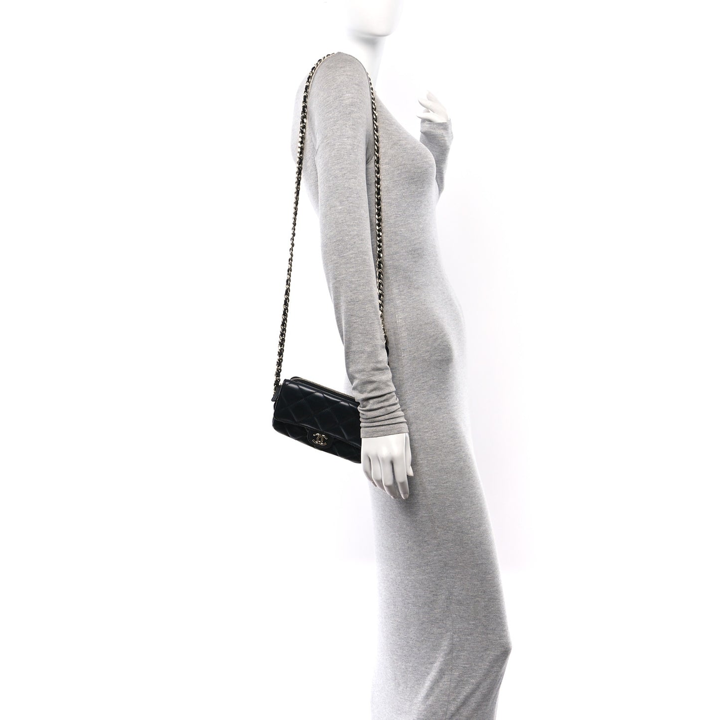 Lambskin Quilted Resin Bi-Color Flap Phone Holder With Chain Black