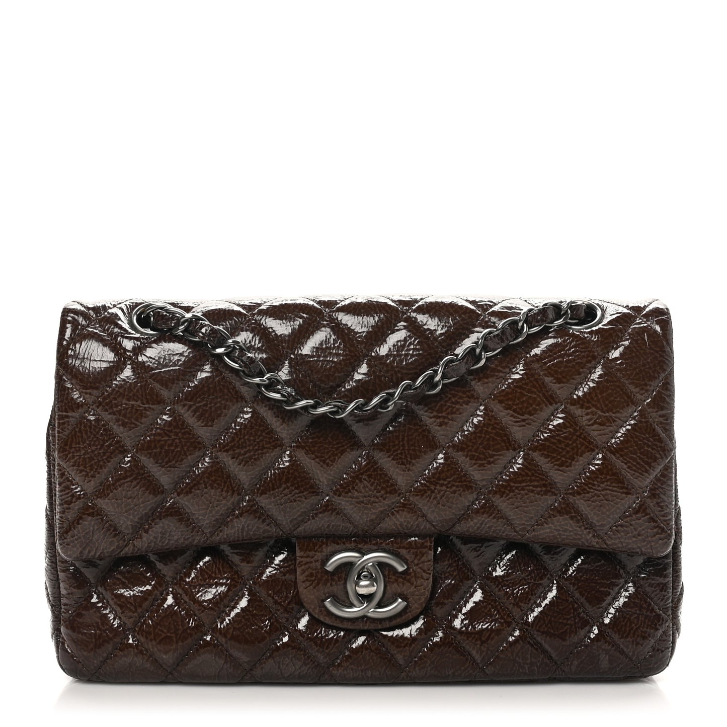 Crinkled Patent Quilted Medium Double Flap Brown