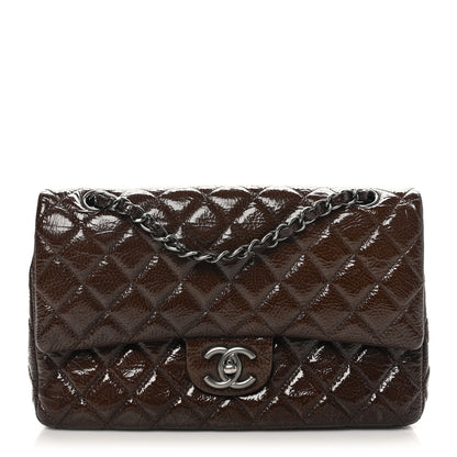 Chanel Crinkled Patent Quilted Medium Double Flap Brown 1 of 10