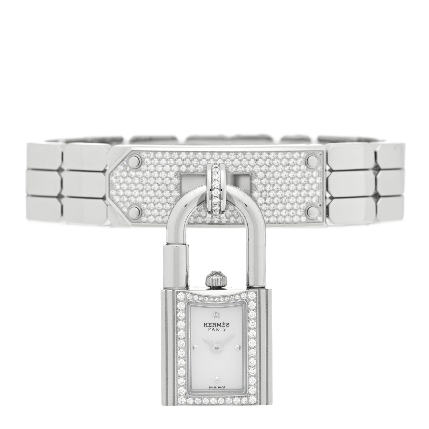 Hermes Stainless Steel Diamond Pave 16mm Kelly Quartz Watch 1 of 4