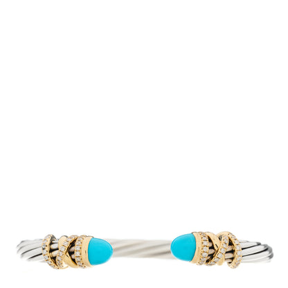 David Yurman Sterling Silver 18K Yellow Gold Diamond Turquoise 6mm Helena Cuff Bracelet 1 of 4
