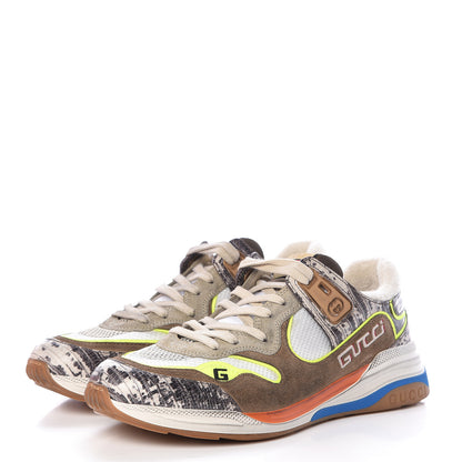 Gucci Suede Calfskin Tejus Printed Womens Ultrapace Sneakers 40 Natural Ardesia Neon Yellow 3 of 10
