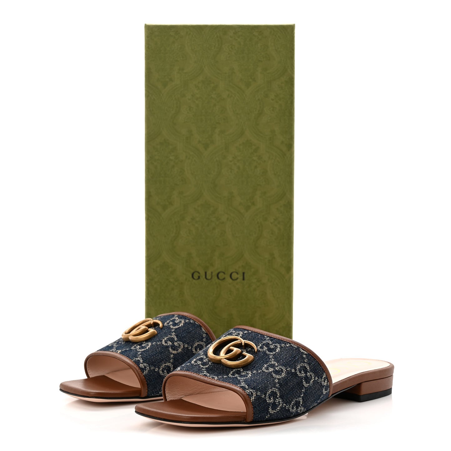 New Denim GG Monogram Miro Soft Calfskin Jolie Slide Sandals 38.5 Blue Tea Cuir Epilogue