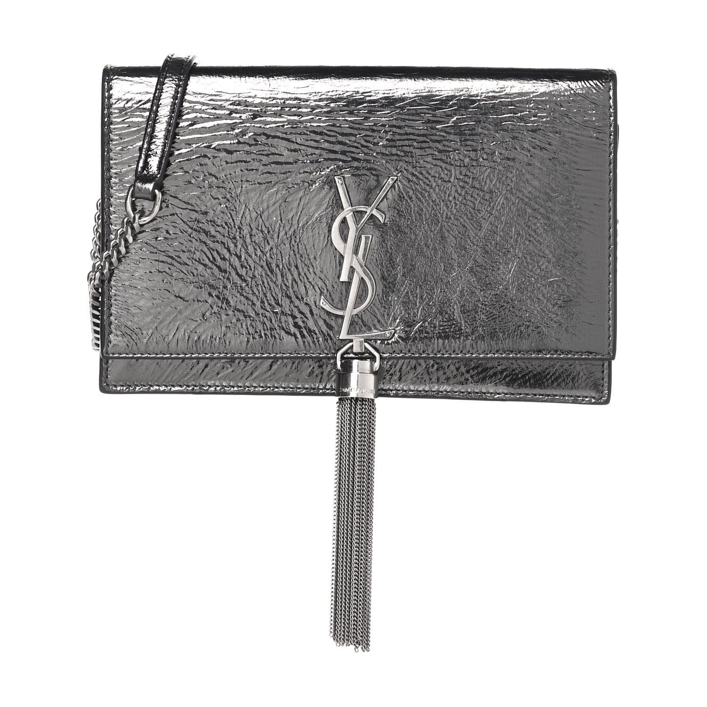 Metallic Crackled Calfskin Kate Monogram Tassel Chain Wallet Argento