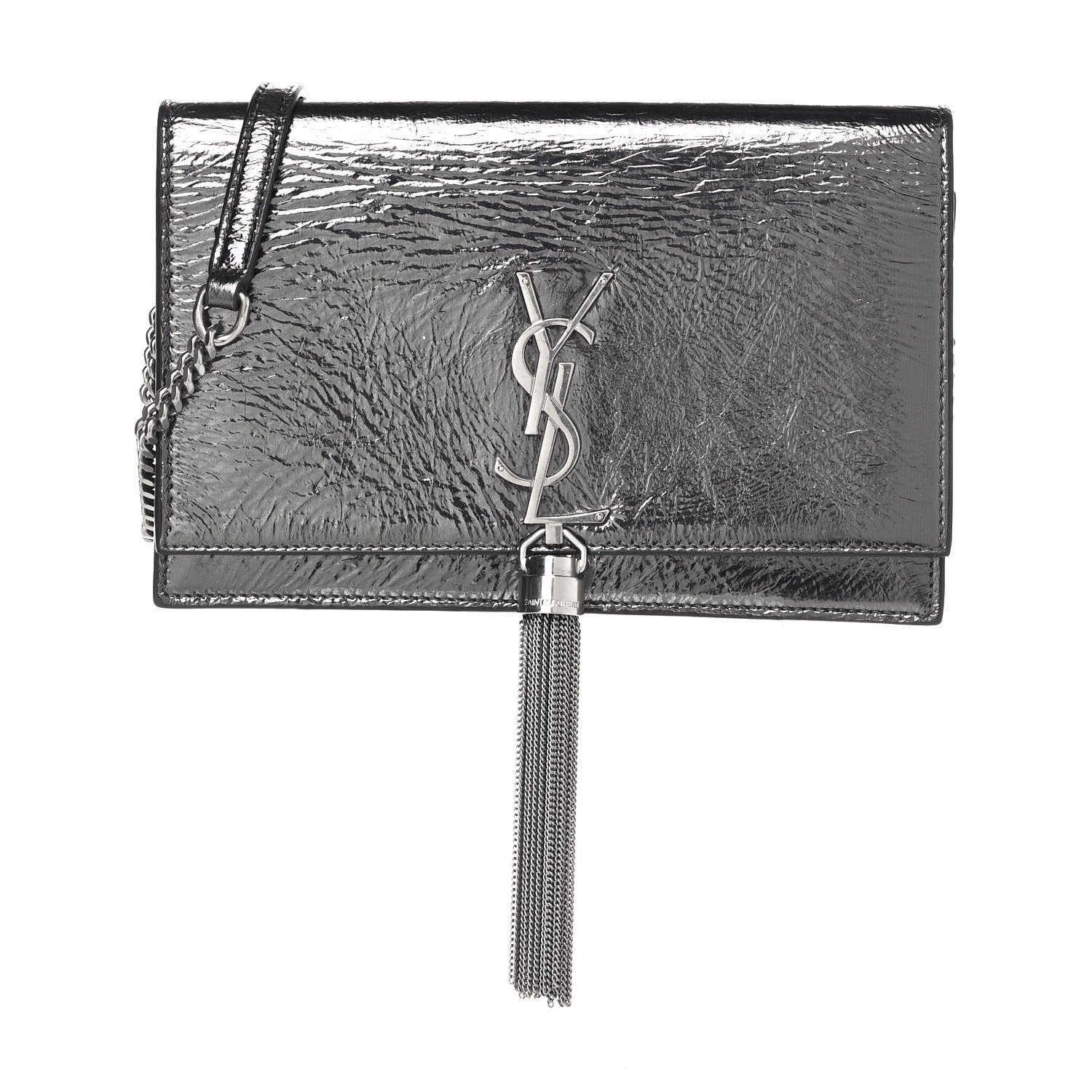 Saint Laurent Metallic Crackled Calfskin Kate Monogram Tassel Chain Wallet Argento 1 of 13