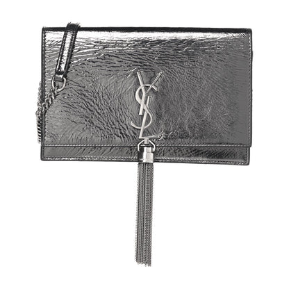 Saint Laurent Metallic Crackled Calfskin Kate Monogram Tassel Chain Wallet Argento 1 of 13
