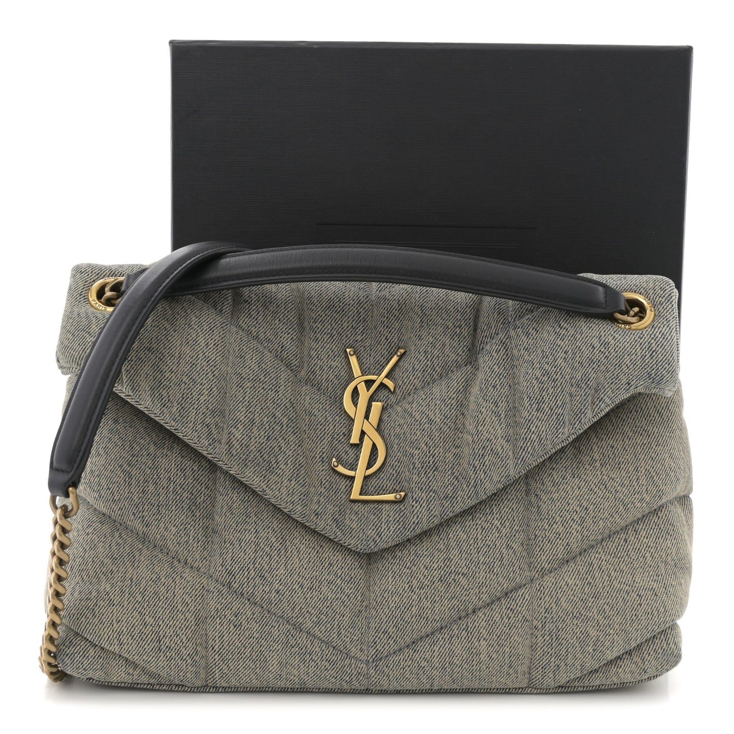 Denim Quilted Small Loulou Puffer Monogram Chain Satchel Azur