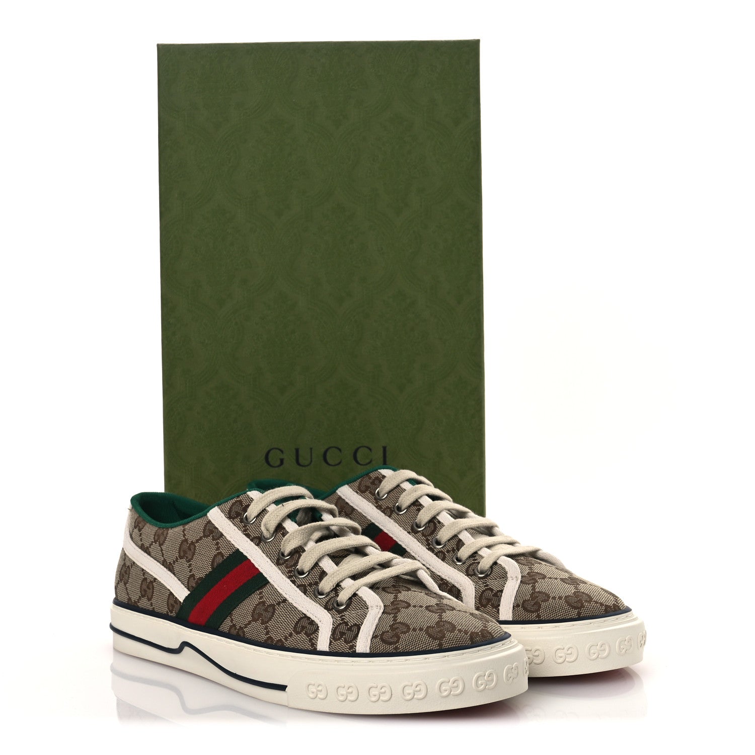 Gucci GG Monogram Web Mens 1977 Tennis Sneakers 8.5 Beige Ebony Mystic White Vert 10 of 10