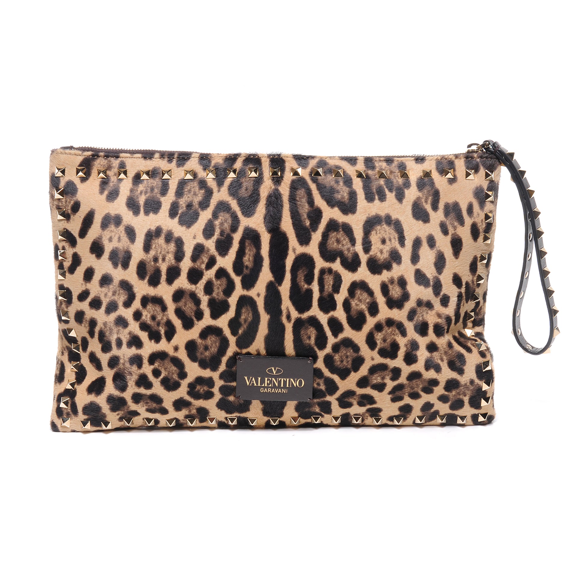Valentino Garavani Calf Hair Leopard Print Rockstud Zip Wristlet Pouch Leopard 1 of 9