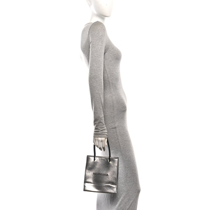 Balenciaga Metallic Squared Calfskin Logo North South Shopper Tote XXS Silver 2 of 12