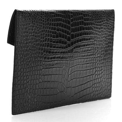 Saint Laurent Calfskin Crocodile Embossed Uptown Monogram Clutch Black 3 of 10