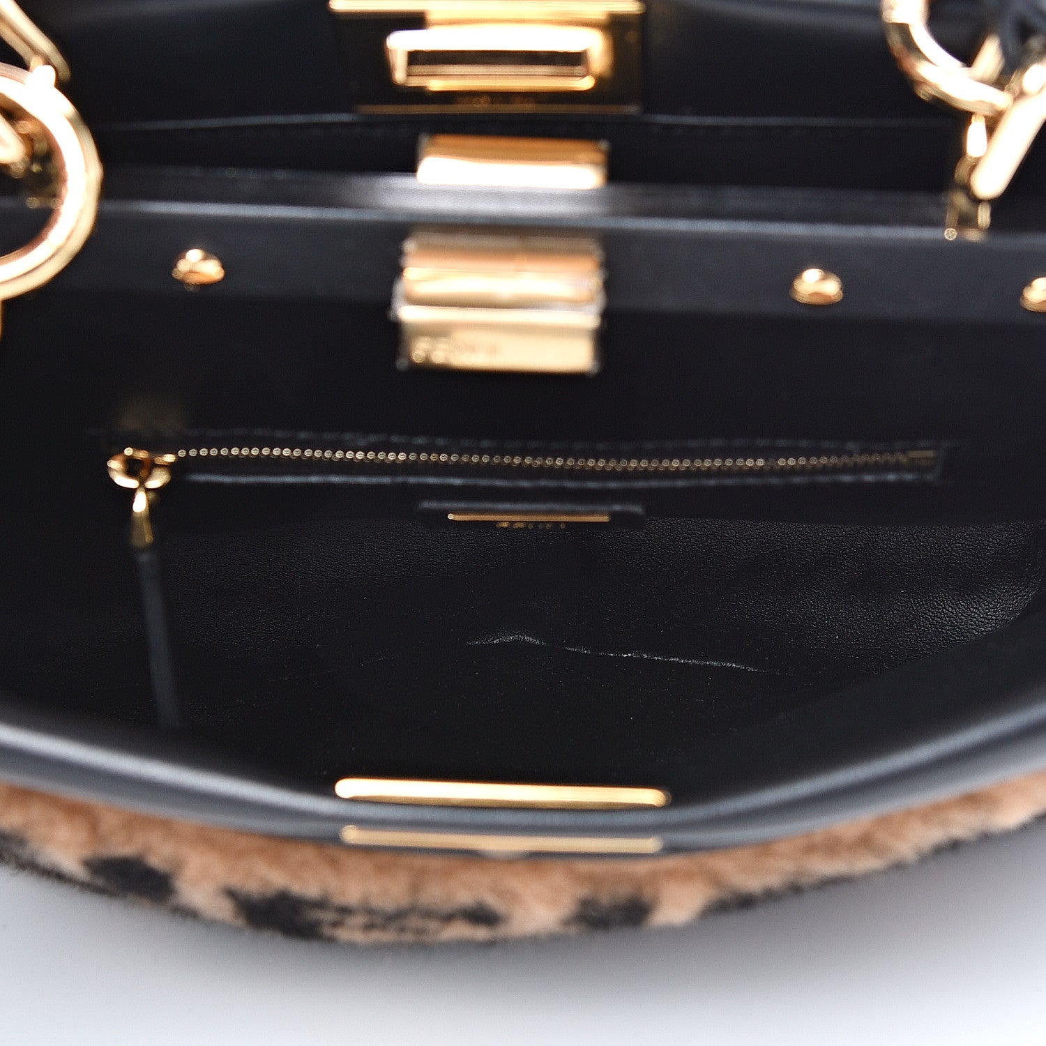 Fendi Shearling Nappa Macro FF 1974 Mini Peekaboo Iconic Satchel Tobacco Black 4 of 8
