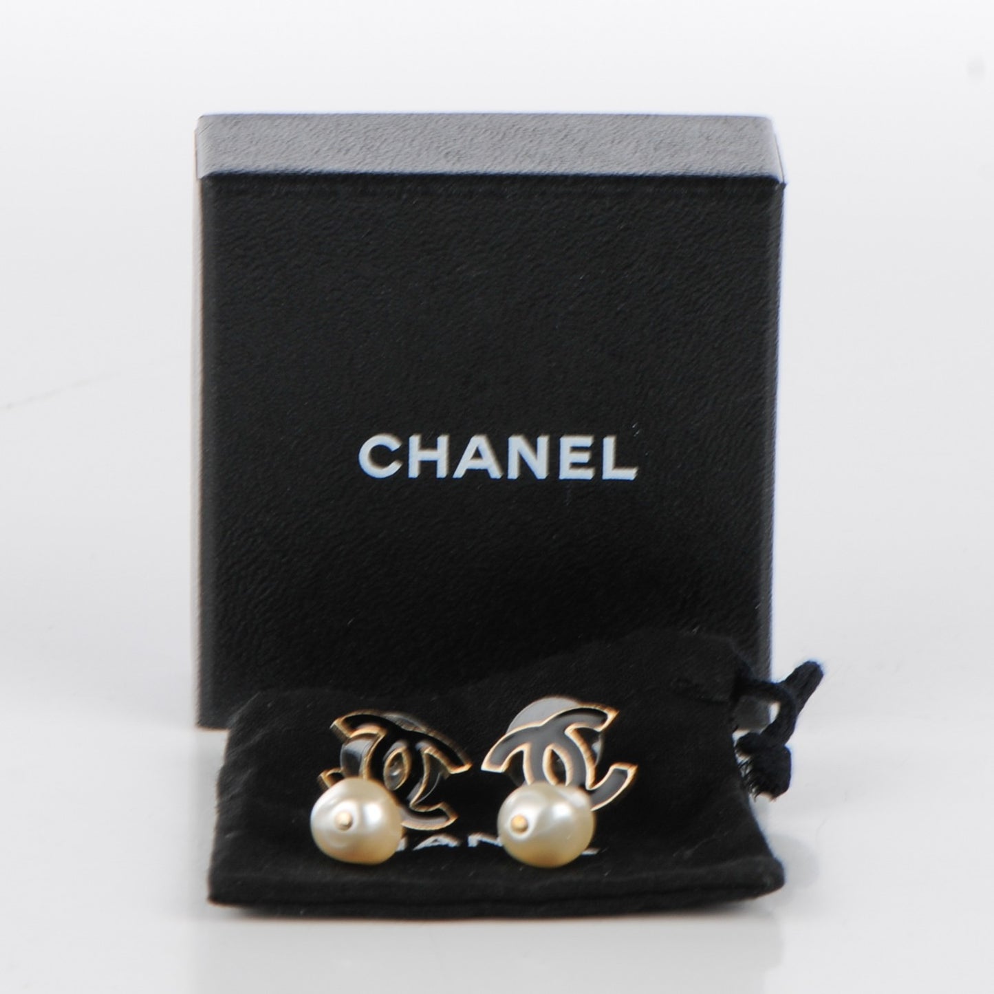 Enamel CC Pearl Drop Earrings Black Gold