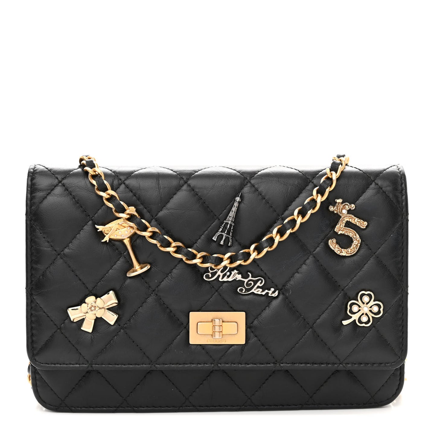 Aged Calfskin Quilted Lucky Charms 2.55 Reissue Wallet On Chain WOC Black