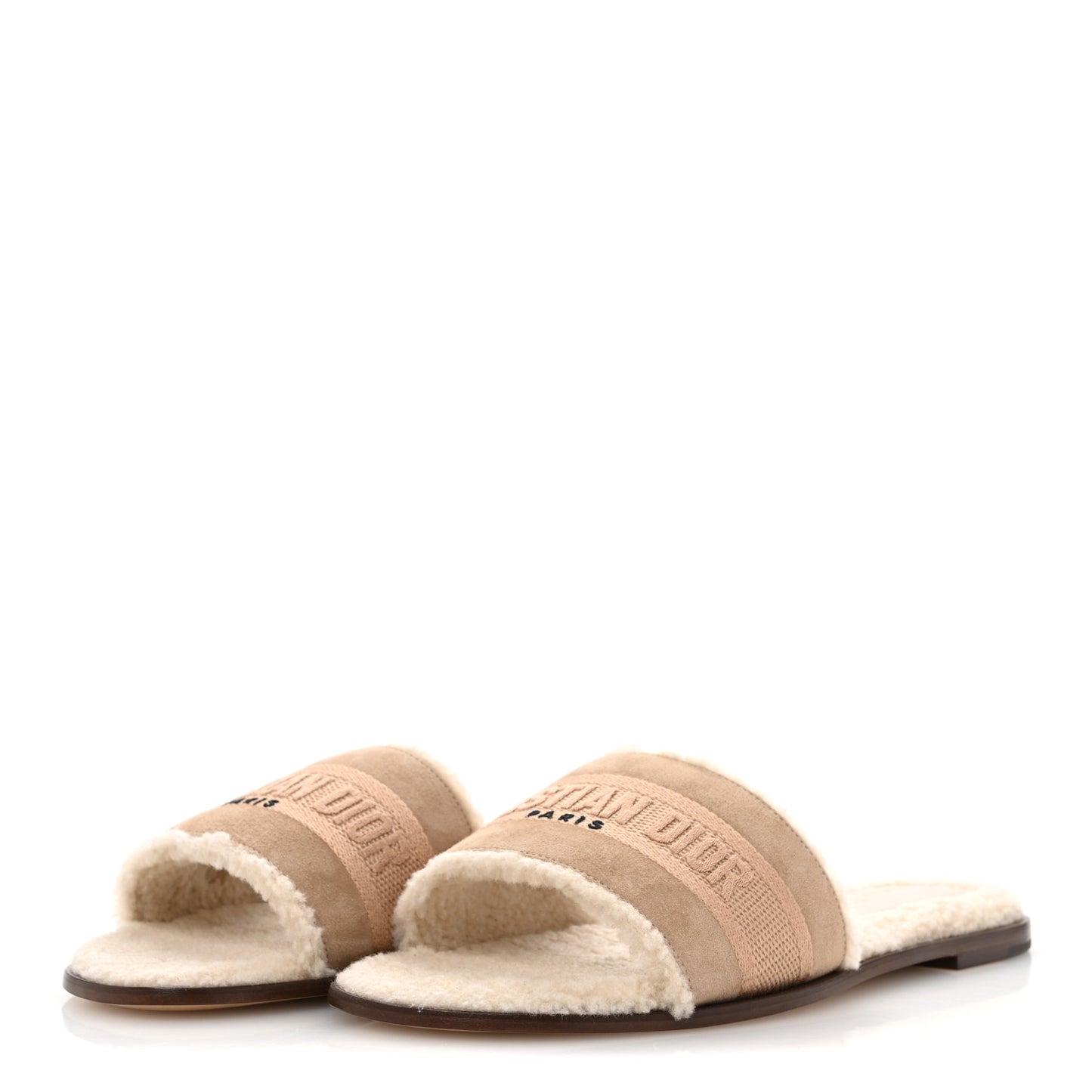 Suede Goatskin Shearling Embroidered Dway Slide Sandals 38 Cookie
