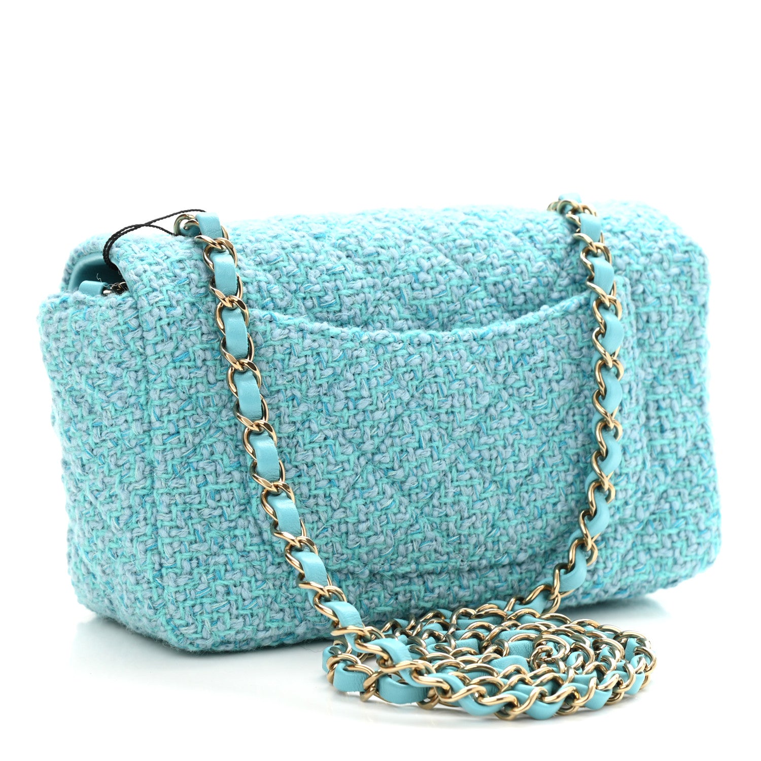 Chanel Wool Tweed Quilted Mini Rectangular Flap Turquoise Light Blue 4 of 12