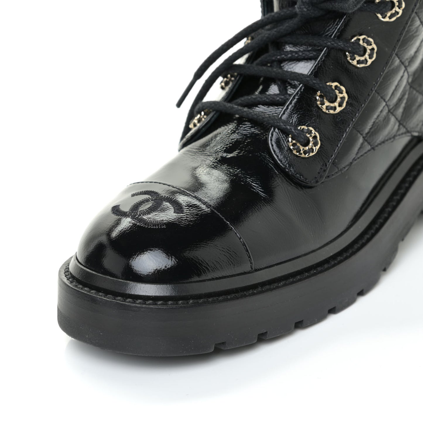 Shiny Calfskin Quilted Lace Up Combat Boots 37 Black