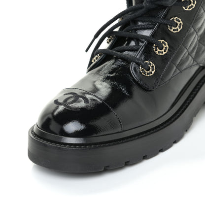 Chanel Shiny Calfskin Quilted Lace Up Combat Boots 37 Black 11 of 12
