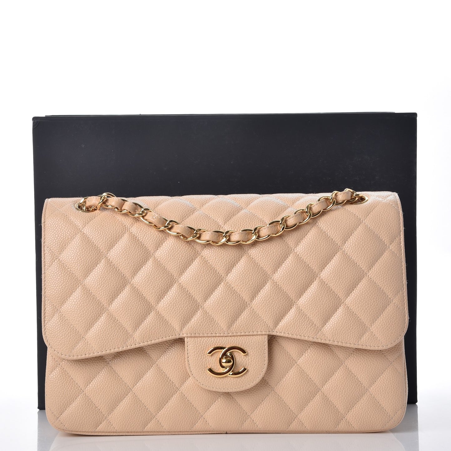 Caviar Quilted Jumbo Double Flap Beige Clair
