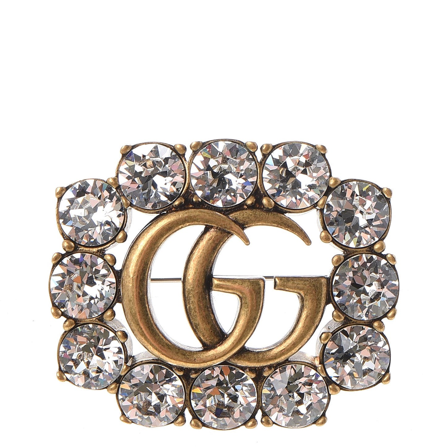 Metal Crystal Double G Brooch Aged Gold