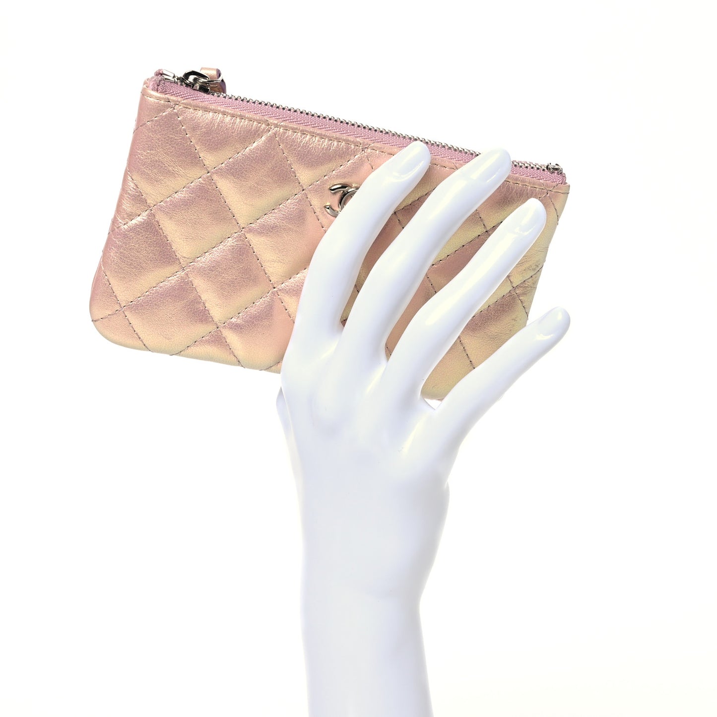 Iridescent Calfskin Quilted Small Cosmetic Case Pink